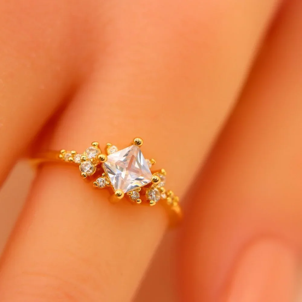 Noble Square Flower Gold Plated Princess Ring for Women, EVGCM074-6
